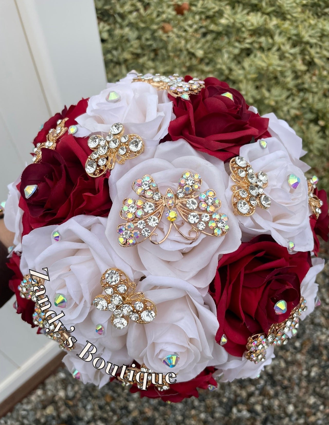 Apple Red and Cream with Gold Butterfly Brooches Bouquet. ARCH014 by MARINA'S CRAFT.