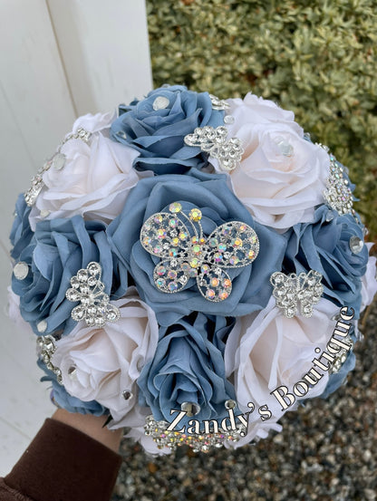 Dusty Blue and Cream with Silver Butterfly Brooches. DBIV037 by MARINA’S CRAFT