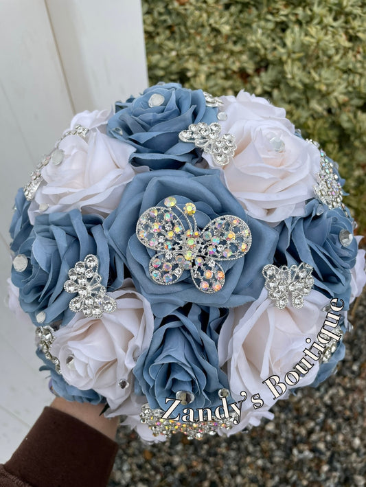 Dusty Blue and Cream with Silver Butterfly Brooches. DBIV037 by MARINA’S CRAFT