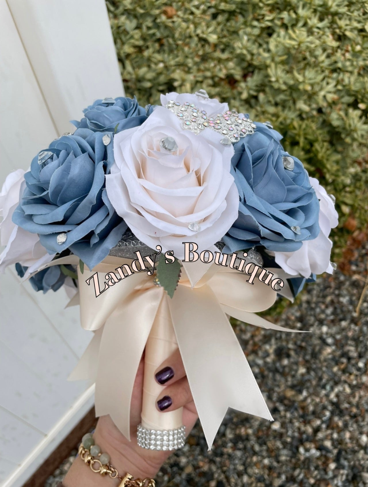 Dusty Blue and Cream with Silver Butterfly Brooches. DBIV037 by MARINA’S CRAFT