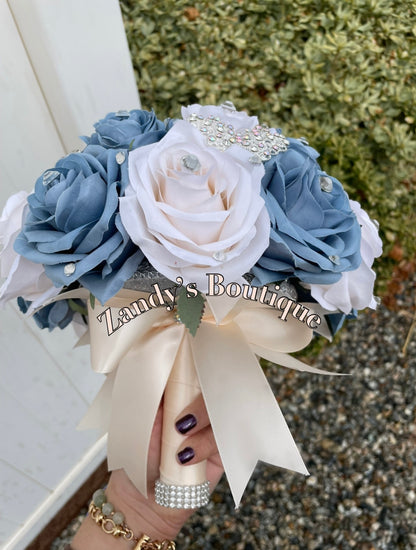 Dusty Blue and Cream with Silver Butterfly Brooches. DBIV037 by MARINA’S CRAFT