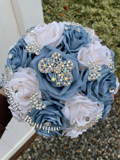 Dusty Blue and Cream with Silver Butterfly Brooches. DBIV037 by MARINA’S CRAFT