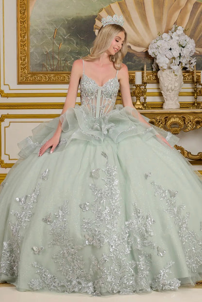Delicate spaghetti straps attach to the sheer V-neckline bodice,. GL3649 by Elizabeth k