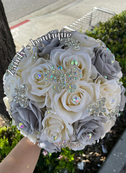 Light Ivory and Silver with Silver Brooches SLIV031 by MARINA’S CRAFT.