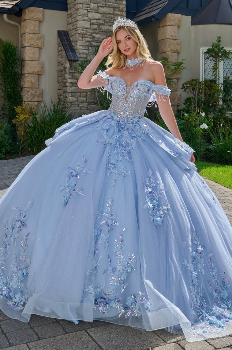 This quinceañera ball gown showcases elegant fold-over off-the-shoulder straps. GL3720 by Elizabeth K