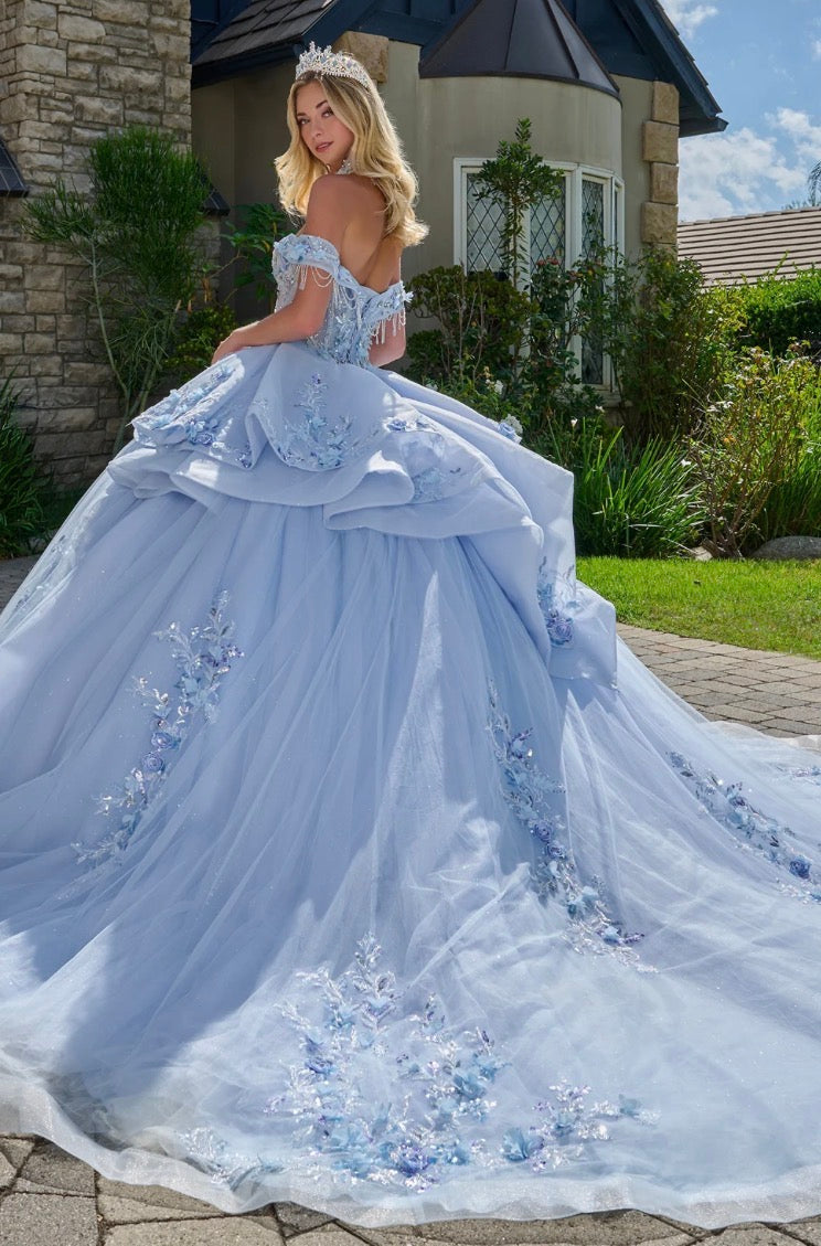 This quinceañera ball gown showcases elegant fold-over off-the-shoulder straps. GL3720 by Elizabeth K