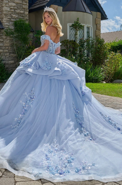 This quinceañera ball gown showcases elegant fold-over off-the-shoulder straps. GL3720 by Elizabeth K