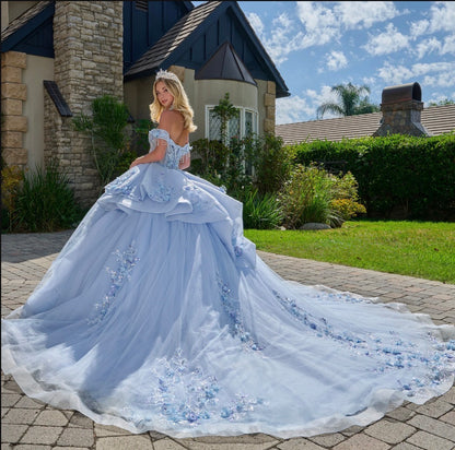 This quinceañera ball gown showcases elegant fold-over off-the-shoulder straps. GL3720 by Elizabeth K