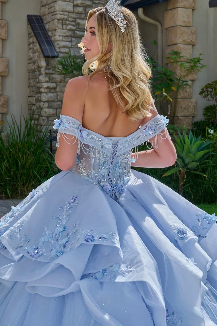 This quinceañera ball gown showcases elegant fold-over off-the-shoulder straps. GL3720 by Elizabeth K