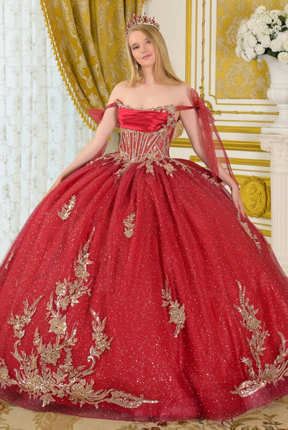 Tie-able off-shoulder straps crafted from glitter tulle frame. GL3710 BY ELIZABETH K