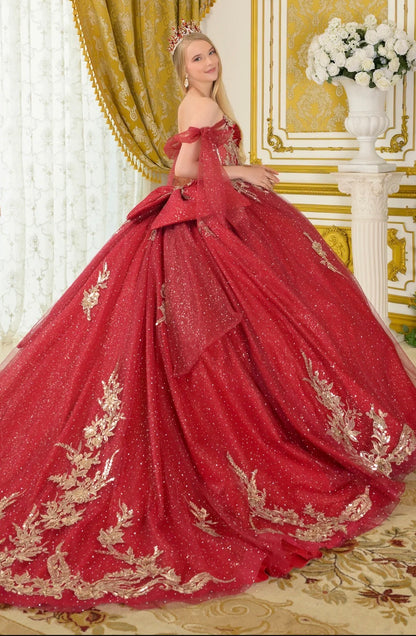 Tie-able off-shoulder straps crafted from glitter tulle frame. GL3710 BY ELIZABETH K