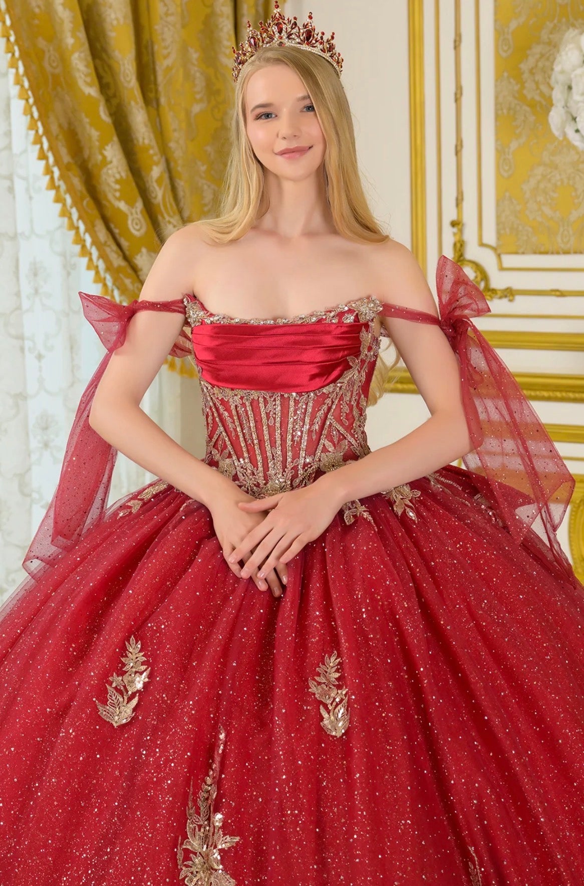 Tie-able off-shoulder straps crafted from glitter tulle frame. GL3710 BY ELIZABETH K
