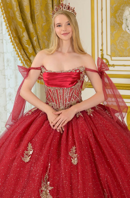 Tie-able off-shoulder straps crafted from glitter tulle frame. GL3710 BY ELIZABETH K