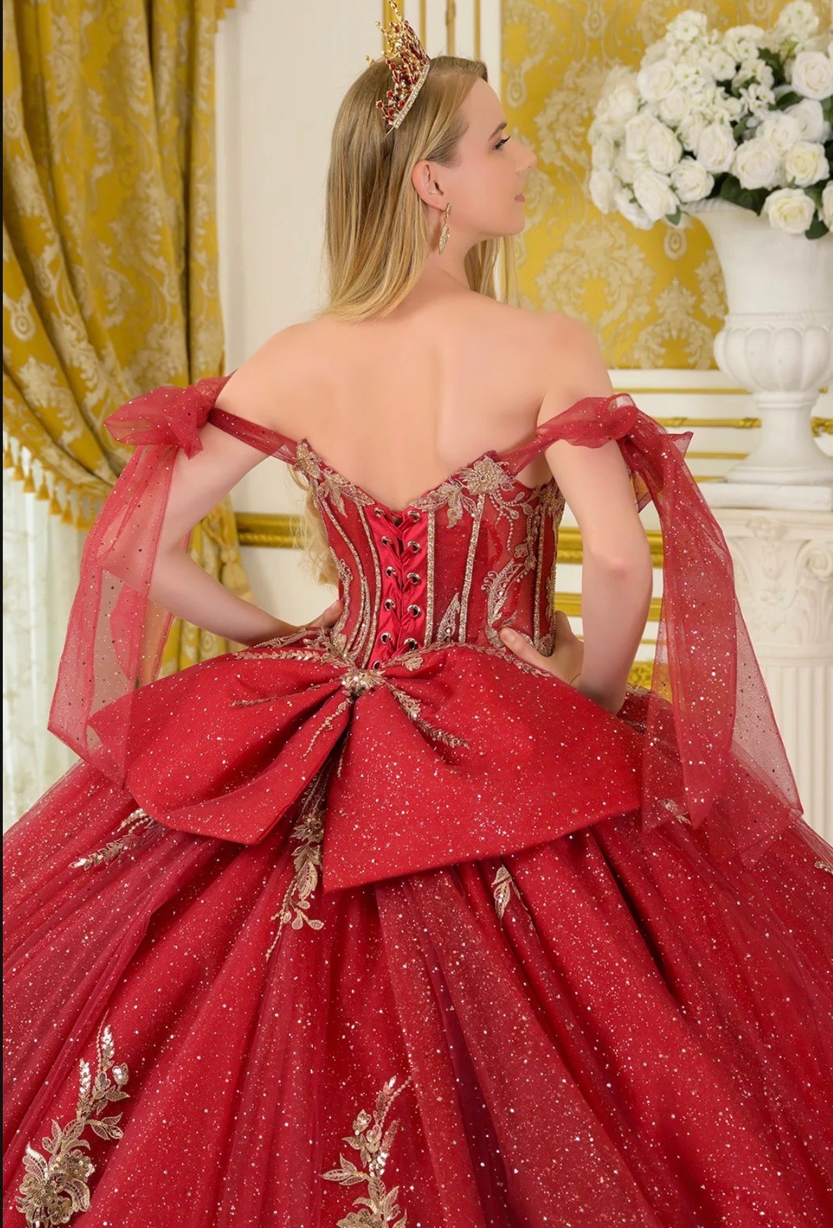 Tie-able off-shoulder straps crafted from glitter tulle frame. GL3710 BY ELIZABETH K