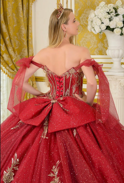 Tie-able off-shoulder straps crafted from glitter tulle frame. GL3710 BY ELIZABETH K