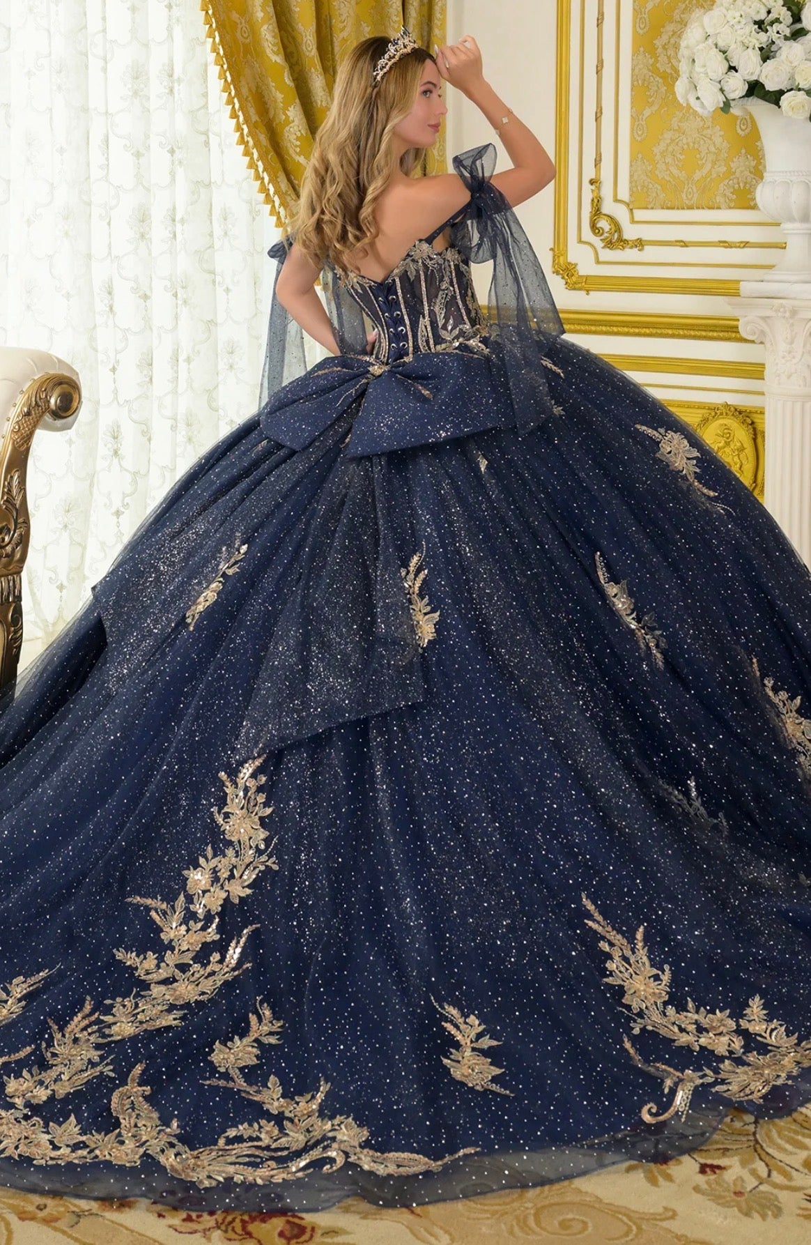 Tie-able off-shoulder straps crafted from glitter tulle frame. GL3710 BY ELIZABETH K