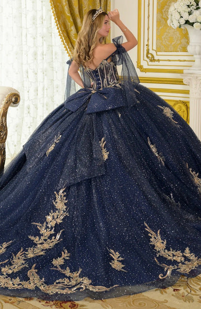 Tie-able off-shoulder straps crafted from glitter tulle frame. GL3710 BY ELIZABETH K