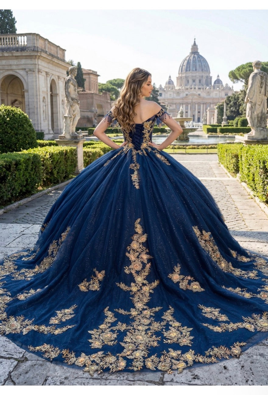 off-the-shoulder neckline adorned with delicate beaded appliqués.  PQ1108 by Bella couture