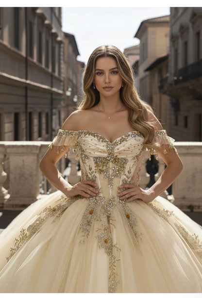 off-the-shoulder neckline adorned with delicate beaded appliqués.  PQ1108 by Bella couture