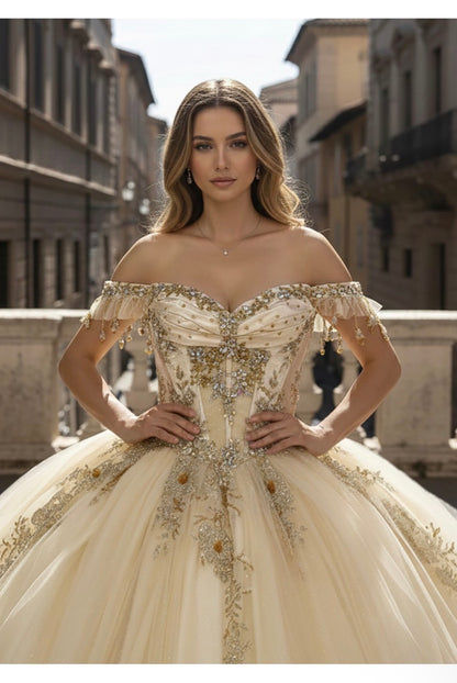 off-the-shoulder neckline adorned with delicate beaded appliqués.  PQ1108 by Bella couture