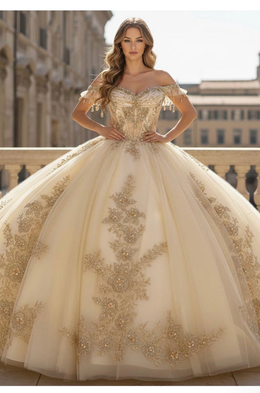 off-the-shoulder neckline adorned with delicate beaded appliqués.  PQ1108 by Bella couture