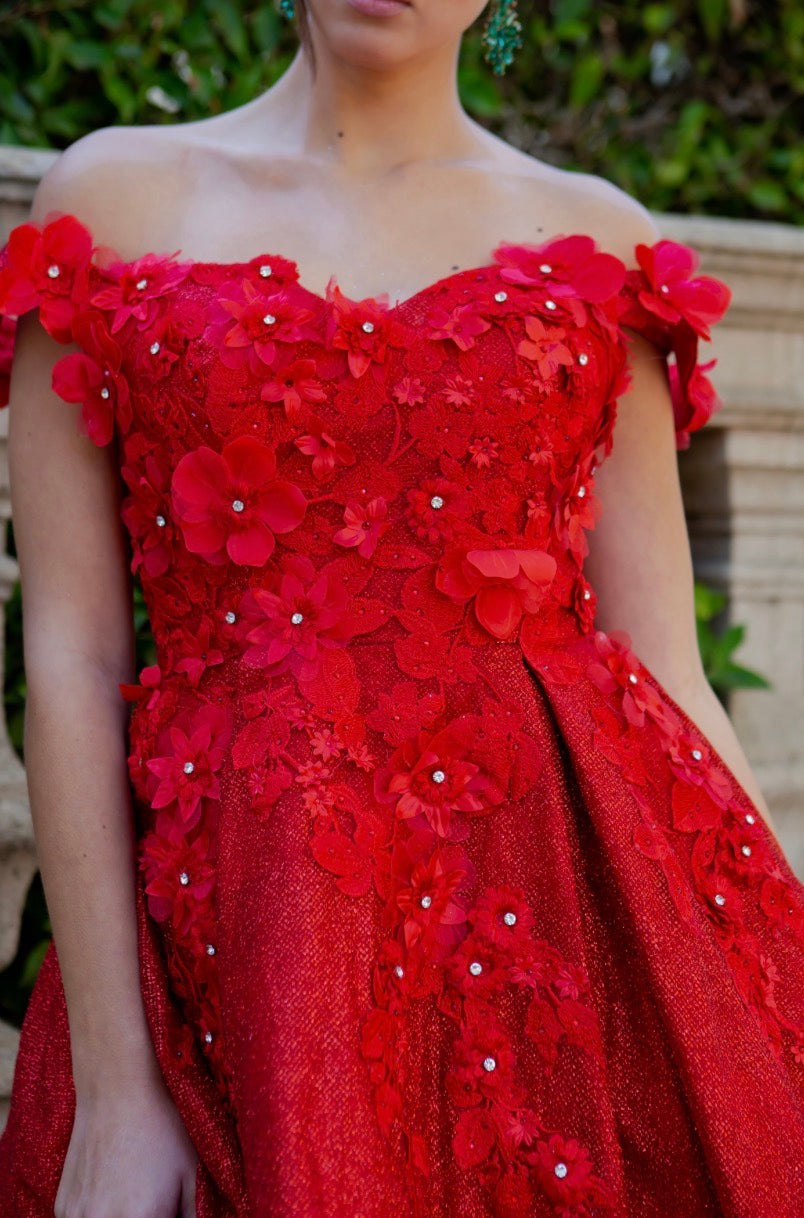 Beautiful 3D flower glitter off shoulder party dress. 5120J BY CINDERELLA COUTURE