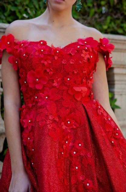 Beautiful 3D flower glitter off shoulder party dress. 5120J BY CINDERELLA COUTURE