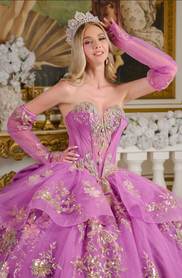 Detachable long off-the-shoulder sleeves provide versatile styling options. GL3647 by Elizabeth K