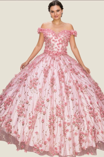 Off shoulder 3D floral applique over glitter designed mesh ball gown. 8021J by Cinderella Couture