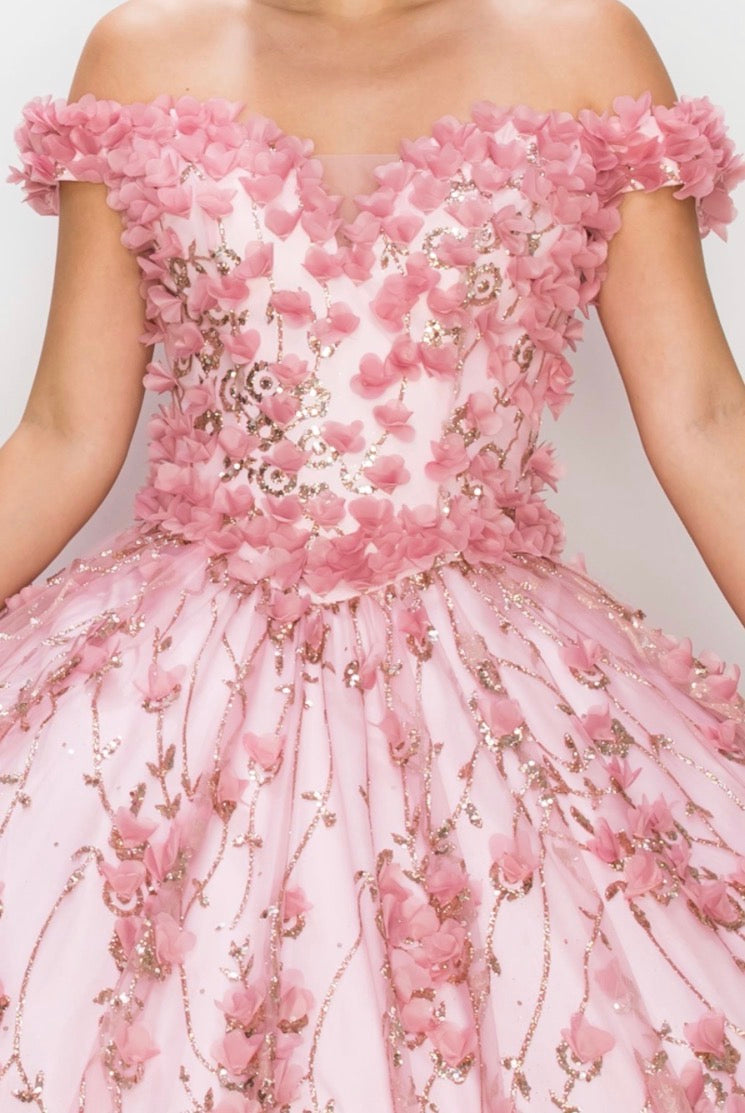 Off shoulder 3D floral applique over glitter designed mesh ball gown. 8021J by Cinderella Couture