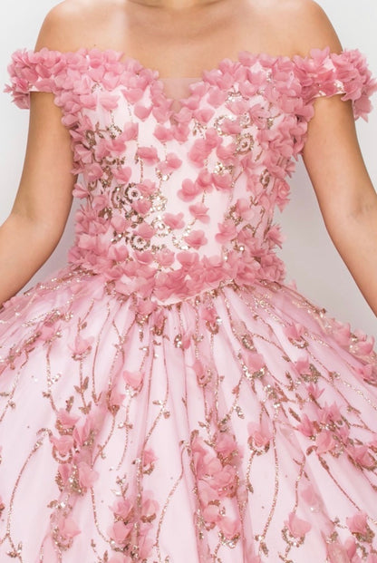 Off shoulder 3D floral applique over glitter designed mesh ball gown. 8021J by Cinderella Couture