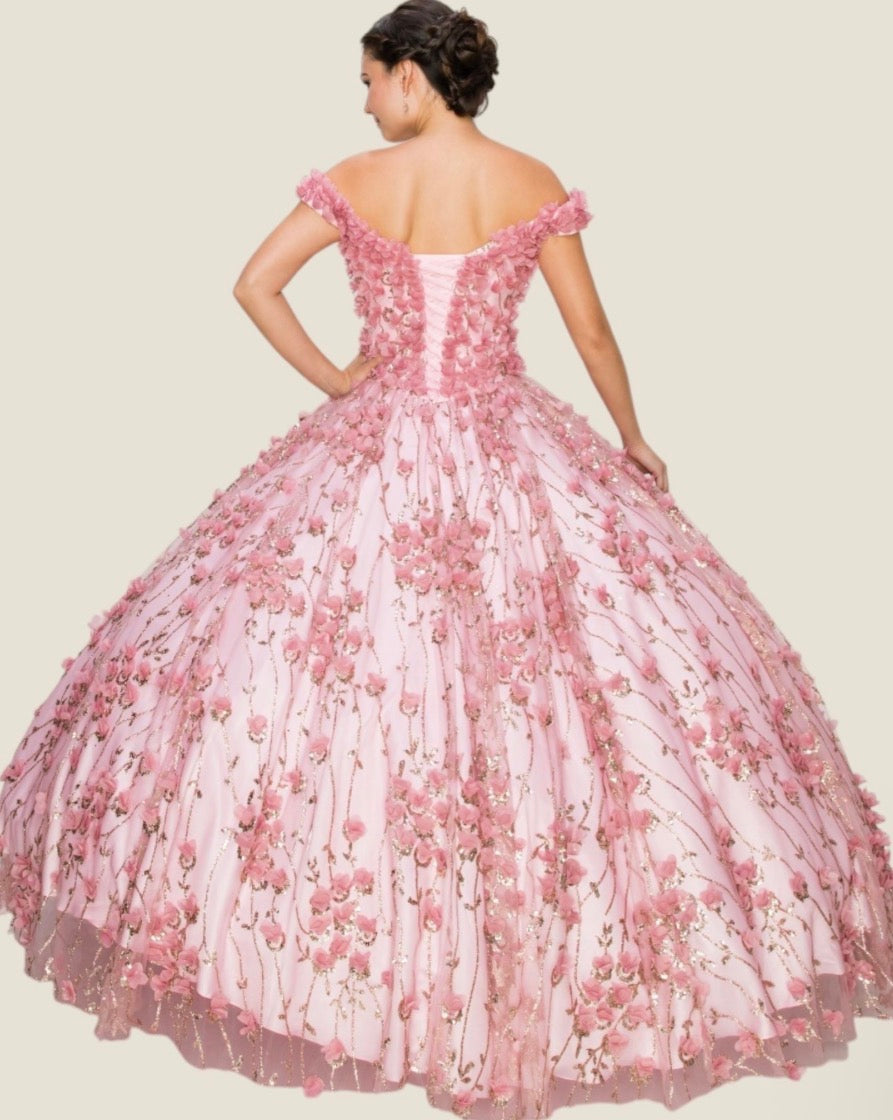 Off shoulder 3D floral applique over glitter designed mesh ball gown. 8021J by Cinderella Couture