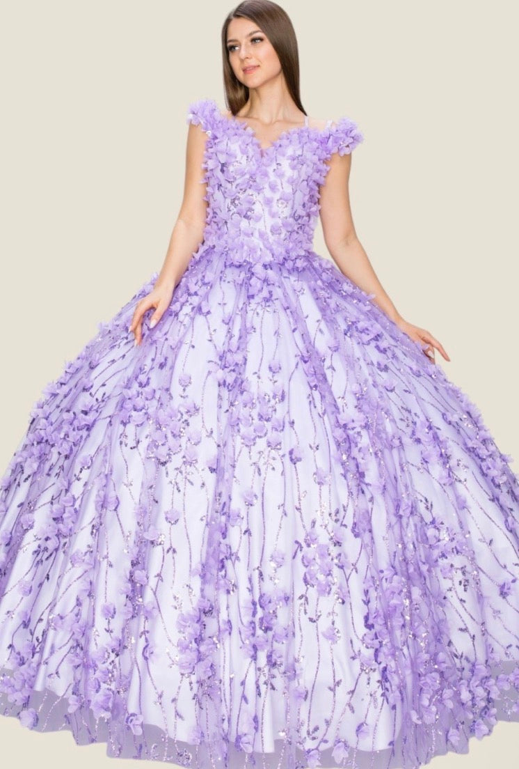 Off shoulder 3D floral applique over glitter designed mesh ball gown. 8021J by Cinderella Couture