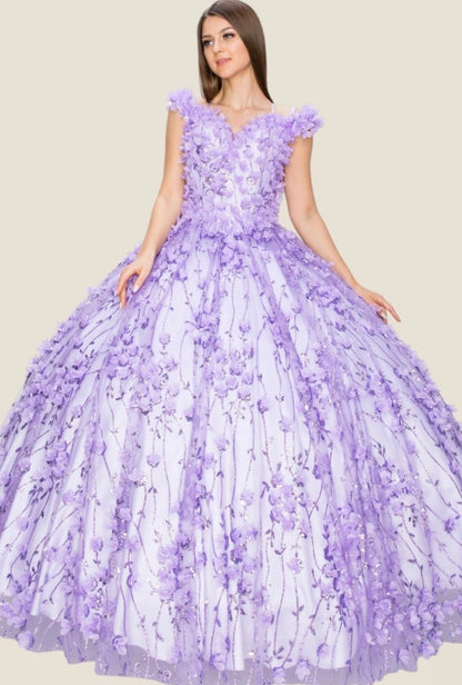 Off shoulder 3D floral applique over glitter designed mesh ball gown. 8021J by Cinderella Couture