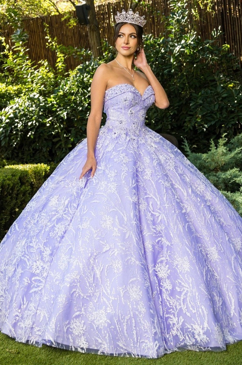Off shoulder glitter tulle gown with rhinestone beaded applique. 8071J by Cinderella Couture