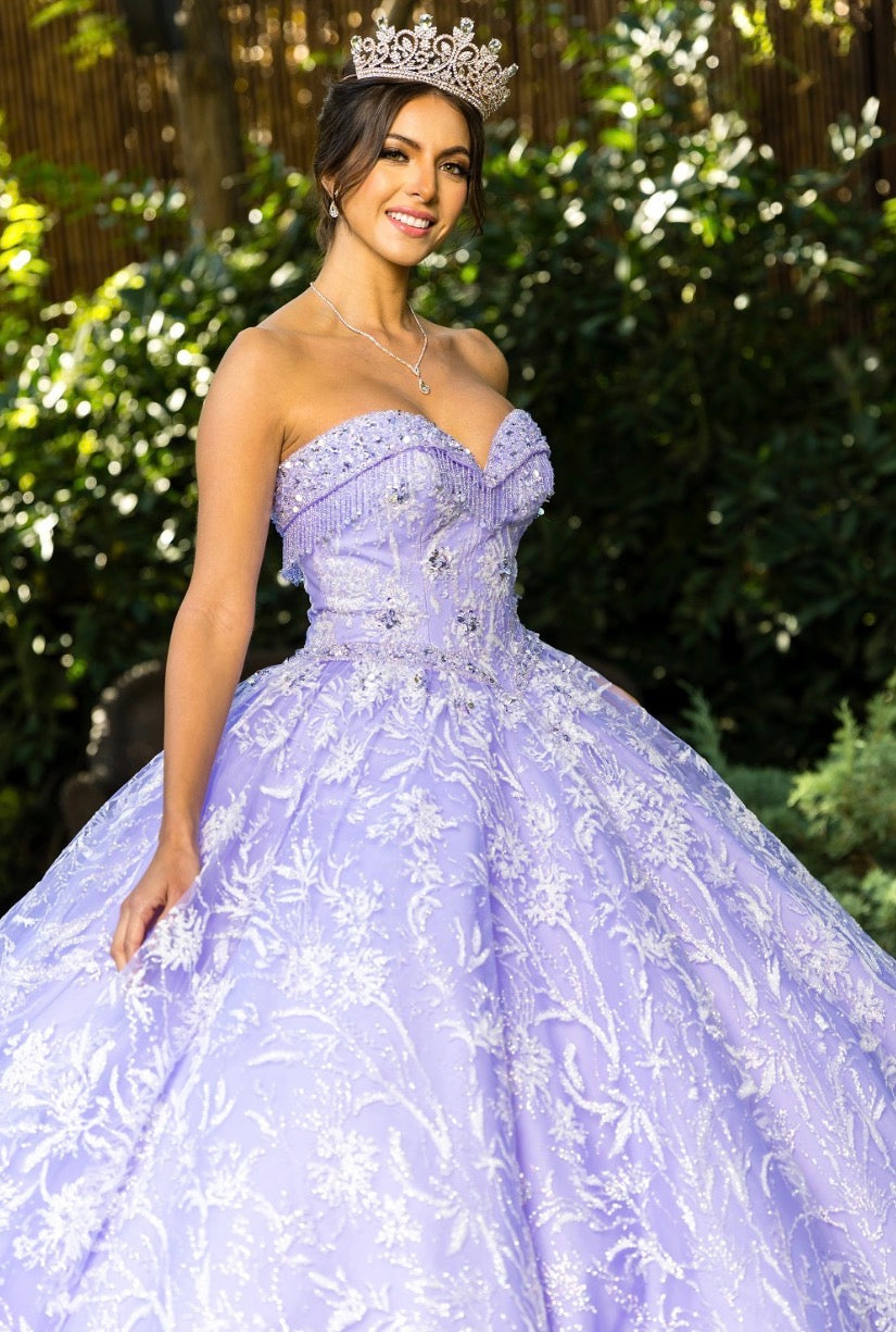 Off shoulder glitter tulle gown with rhinestone beaded applique. 8071J by Cinderella Couture