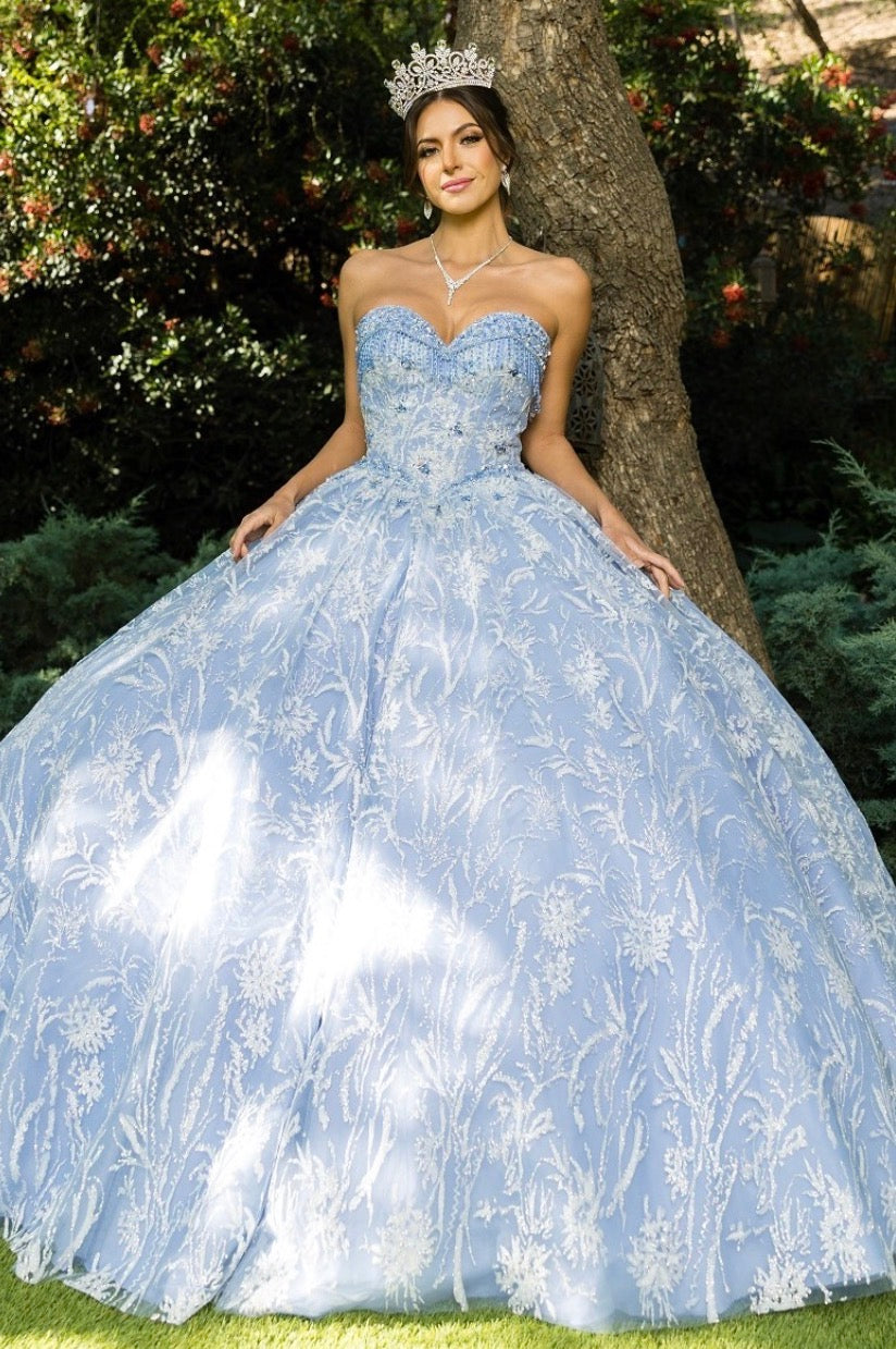 Off shoulder glitter tulle gown with rhinestone beaded applique. 8071J by Cinderella Couture