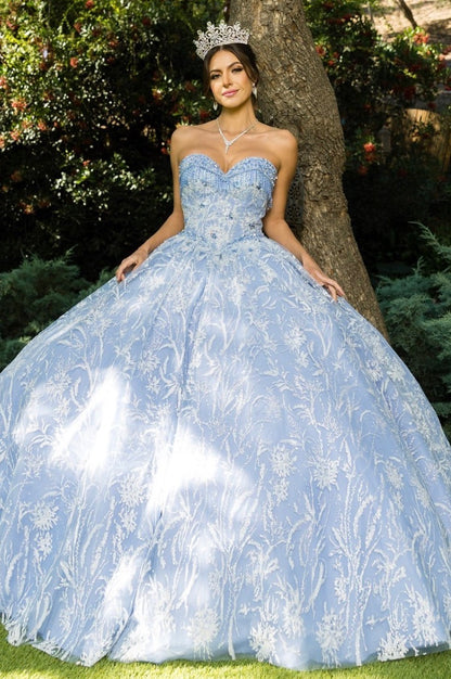 Off shoulder glitter tulle gown with rhinestone beaded applique. 8071J by Cinderella Couture