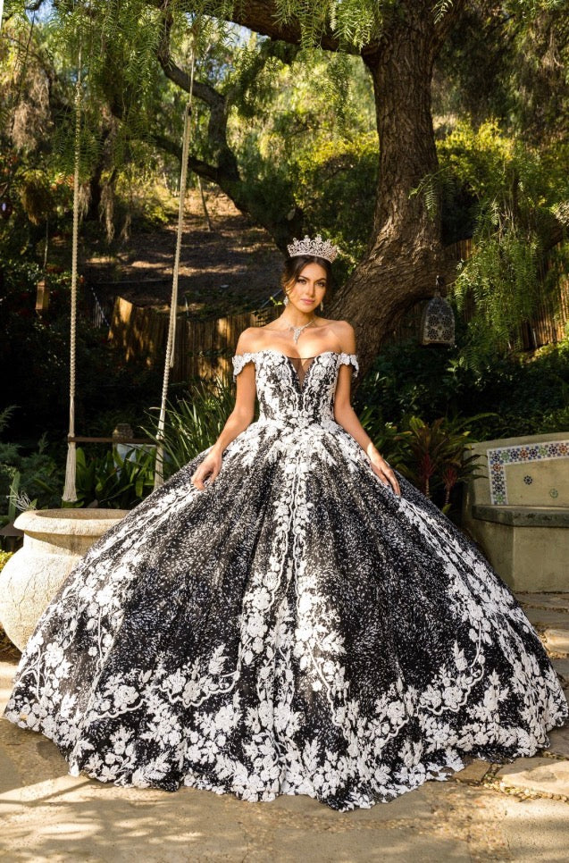 black and white 3D effect glitter tulle gown. 8070J by Cinderella Couture