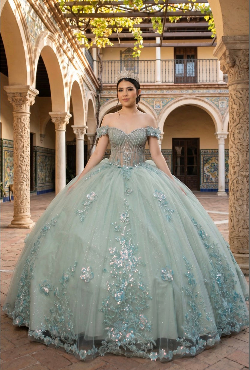 embellished off-the-shoulder straps that frame a flattering V-neckline corset bodice.8370J BY CINDERELLA COUTURE