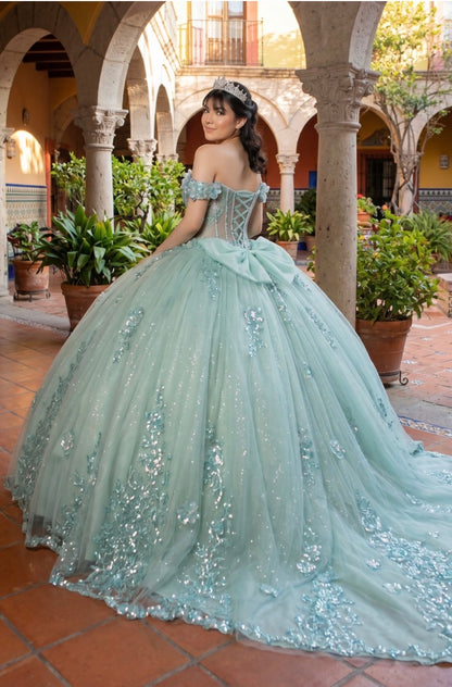 embellished off-the-shoulder straps that frame a flattering V-neckline corset bodice.8370J BY CINDERELLA COUTURE