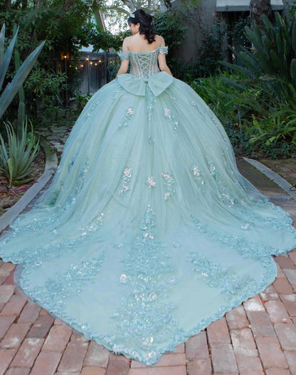 embellished off-the-shoulder straps that frame a flattering V-neckline corset bodice.8370J BY CINDERELLA COUTURE