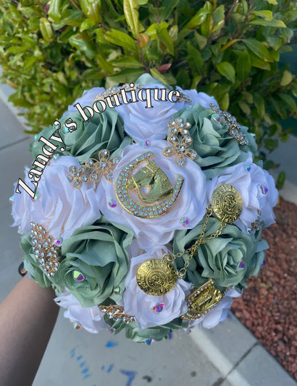Sage and Cream with Gold Charro Brooches Bouquet. SCRRO016 by MARINA'S CRAFT.