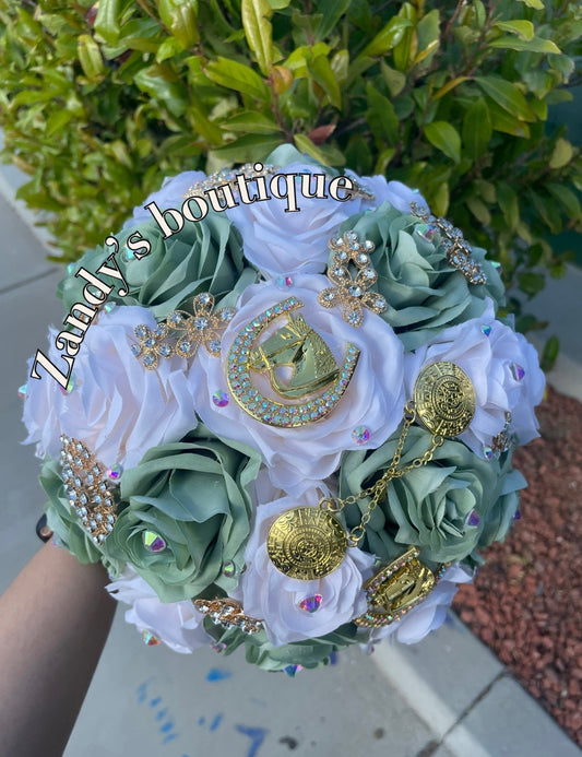 Sage and Cream with Gold Charro Brooches Bouquet. SCRRO016 by MARINA'S CRAFT.