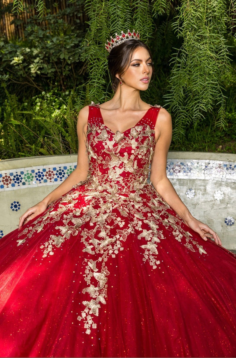 Metallic embroidered 3D butterflies on glitter tulle gown. 8046J BY Cinderella Couture