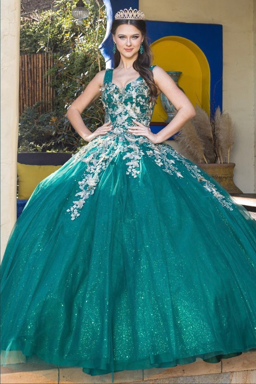 Metallic embroidered 3D butterflies on glitter tulle gown. 8046J BY Cinderella Couture