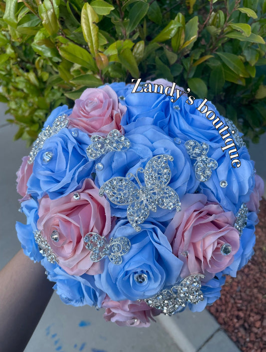 Light Blue and Blush with Silver Butterfly Brooches Bouquet. LBBL013 by MARINA'S CRAFT.