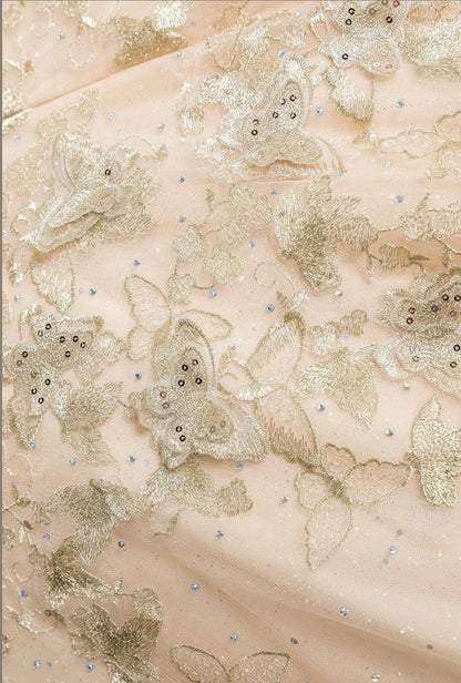 Metallic embroidered 3D butterflies on glitter tulle gown. 8046J BY Cinderella Couture