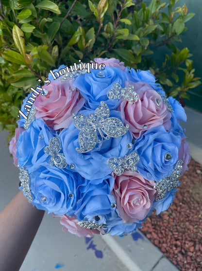 Light Blue and Blush with Silver Butterfly Brooches Bouquet. LBBL013 by MARINA'S CRAFT.