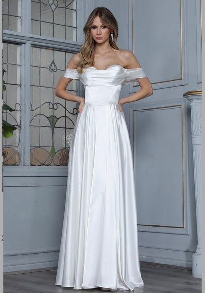 Pleated Waistline Sweetheart Cut-Away Shoulder Satin A-Line Dress. 3343-01 BY ADORA DESIGN